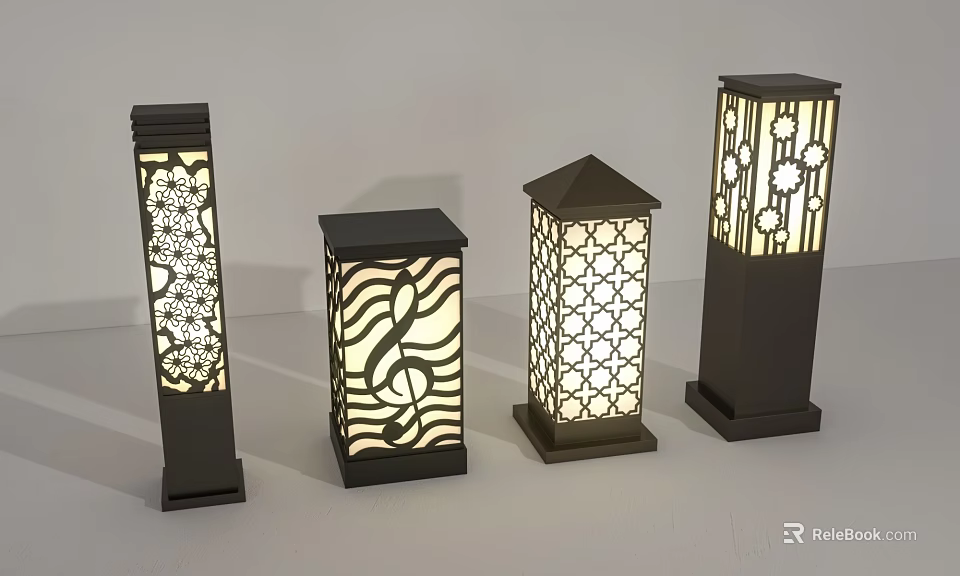 Illuminated Decorative Outdoor Lights With Intricate Cutout Patterns And Various Pillar Designs 3d model 
