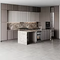 Modern Kitchen Interior Featuring Slatted Cabinets Marble Countertop And Herringbone Floor 3d model