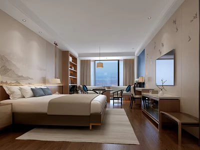 Modern Hotel Guest Room With Large Bed Landscape Painting Bookshelf Large Window And Wooden Floor 3d model