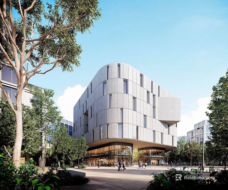 Modern Office Building Exterior With Metal Glass Facade And Surrounding Trees Greenery Pedestrians At Entrance 3d model 