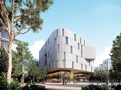 Modern Office Building Exterior With Metal Glass Facade And Surrounding Trees Greenery Pedestrians At Entrance 3d model