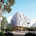 Modern Office Building Exterior With Metal Glass Facade And Surrounding Trees Greenery Pedestrians At Entrance
