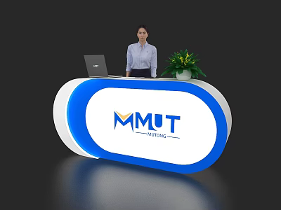 Oval White And Blue Reception Desk With MMUT Medical Logo Laptop And Green Plant 3d model