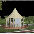 Birds Eye View Planning of Tented Structure With Green Lawn Palm Trees and Water Area