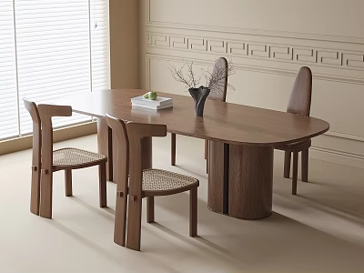 Modern Wooden Dining Table and Chair Set with Four Rattan Chairs and Window Blinds 3d model
