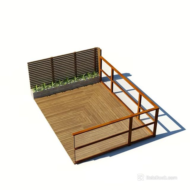 Stylish Partition Cabinet with Louvered Design and Plants on Wooden Floor Platform 3d model 