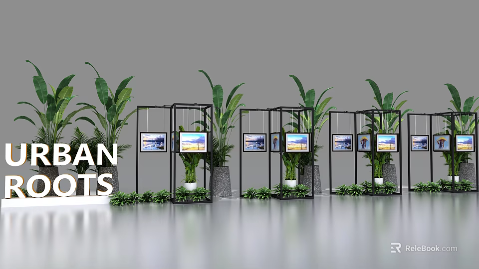 Urban Exhibition Display With Screens Green Plants And Metal Frames 3d model 