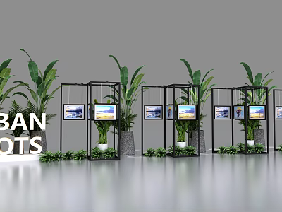 Urban Exhibition Display With Screens Green Plants And Metal Frames 3d model
