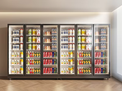 Modern Glass Door Display Refrigerators Stocked with Beverages and Food Items 3d model