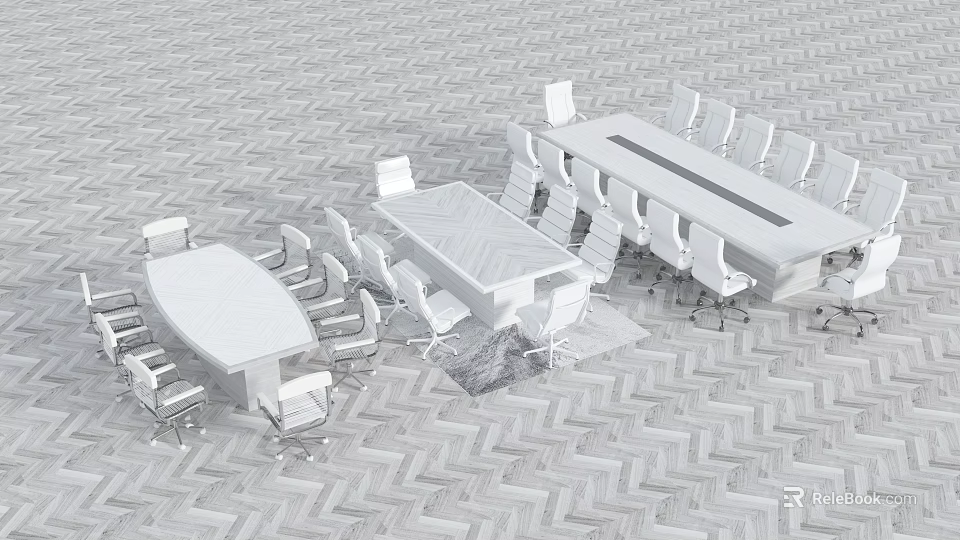 Modern Office Conference Tables With Oval Rectangular Shapes White Chairs And Gray Herringbone Floor 3d model 
