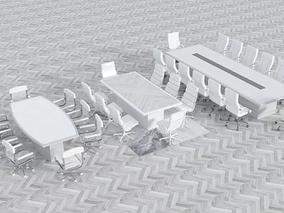 Modern Office Conference Tables With Oval Rectangular Shapes White Chairs And Gray Herringbone Floor 3d model