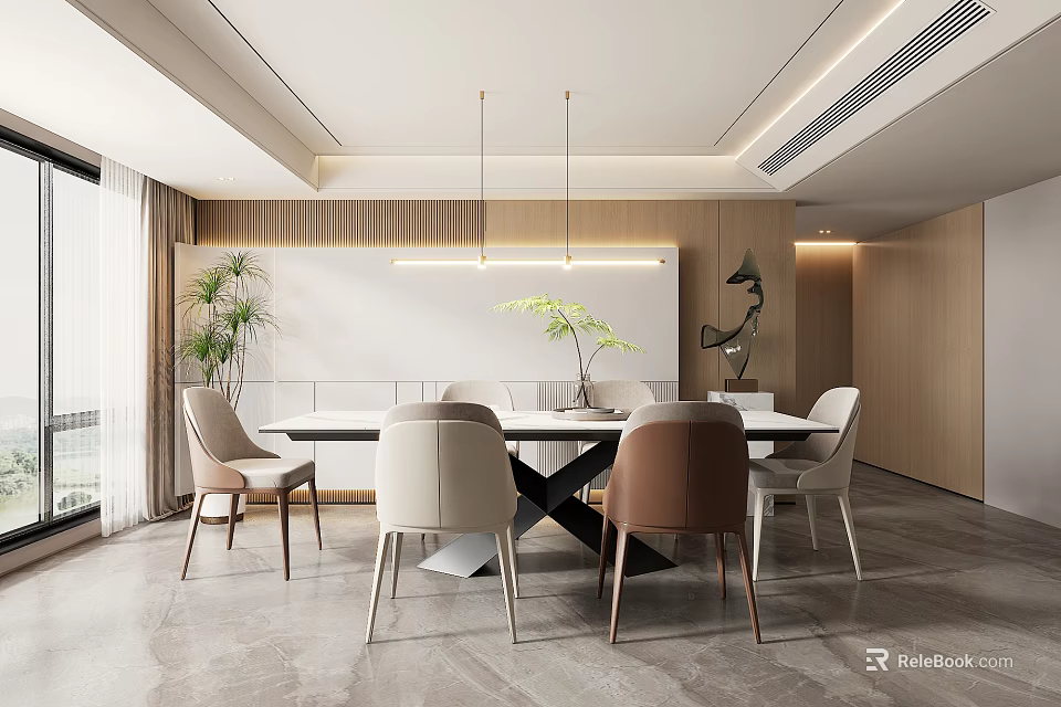 Modern Restaurant Interior With Dining Table Mixed Chairs Pendant Lights Plant And Wooden Elements 3d model 