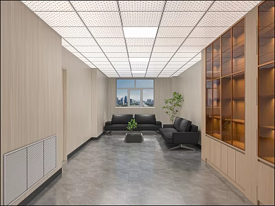 Modern Office Interior With Sofa Green Plant Window Wooden Walls Bookshelves And Gray Flooring 3d model
