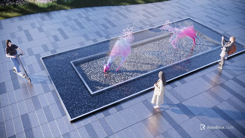 Garden Ornaments With Pink Deer Sculptures In Square Water Pool And Paved Ground 3d model 