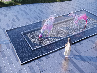 Garden Ornaments With Pink Deer Sculptures In Square Water Pool And Paved Ground 3d model