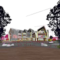 Modern School Building With Gabled Roofs Large Glass Windows Green Lawn Trees And People Around
