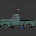 Outdoor Street Scene With Green Vintage Truck Wooden Bench Street Lamp And Trash Bin