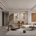 Modern Open Concept Living And Dining Room With Beige Sofa Dining Table And Decorative Lighting