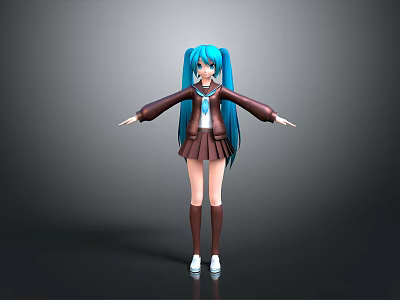 3D Model Girl With Long Blue Hair In Brown School Uniform And White Shoes 3d model