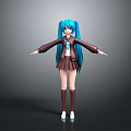 3D Model Girl With Long Blue Hair In Brown School Uniform And White Shoes