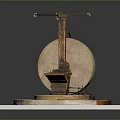Traditional Stone Mill With Wooden Components And Stone Grinding Disc On Square Base