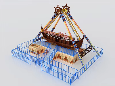 Pirate Ship Amusement Ride With Blue Railings Stairs And Decorative Structure 3d model