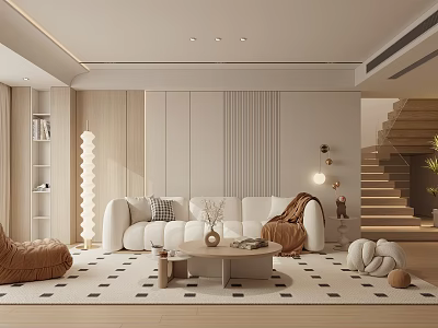 Modern Living Room Interior with White Sofa Brown Armchair Round Coffee Table and Wooden Wall 3d model