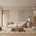Modern Living Room Interior with White Sofa Brown Armchair Round Coffee Table and Wooden Wall