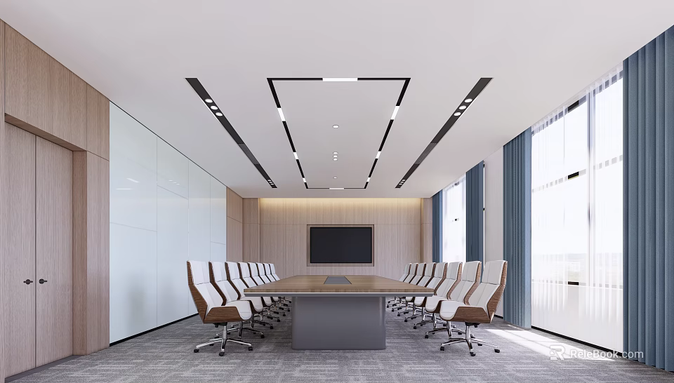 Modern Conference Room With Long Table White Brown Chairs Large Screen And Windows 3d model 