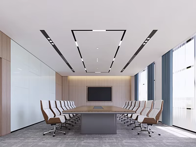 Modern Conference Room With Long Table White Brown Chairs Large Screen And Windows 3d model