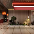 Japanese Restaurant With Lattice Wall Potted Pine Blue White Vases Red Ceiling And Stone Landscape
