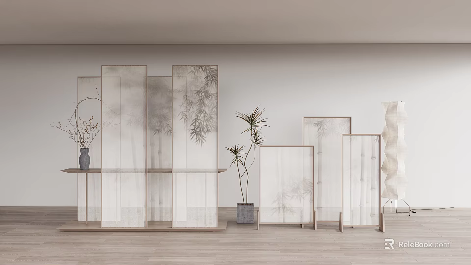 Modern Room Divider Screen Interior Design With Textured Panels And Indoor Plants 3d model 