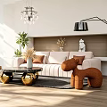 Beige Velvet Sofa With Brown Cushions And Round Marble Coffee Table With Gold Base