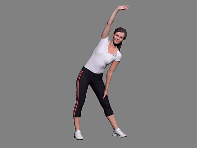 A woman stretching in white t-shirt and black red striped leggings on gray background 3d model