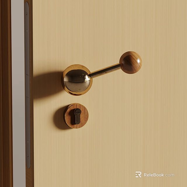 Brass Door Handle With Wooden Knob And Keyhole On Wooden Door 3d model 