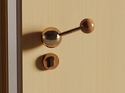 Brass Door Handle With Wooden Knob And Keyhole On Wooden Door 3d model
