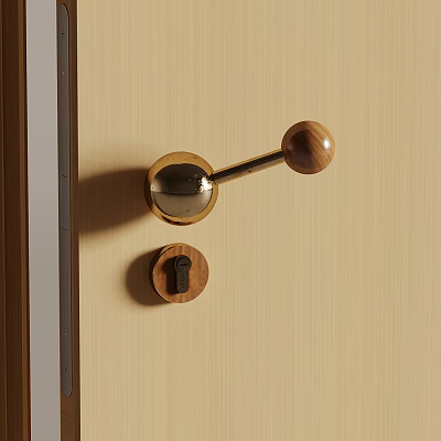 Brass Door Handle With Wooden Knob And Keyhole On Wooden Door 3d model