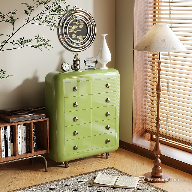 Green Sideboard With Multiple Drawers Metal Handles And Decorative Elements In Living Room 3d model 