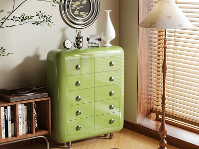 Green Sideboard With Multiple Drawers Metal Handles And Decorative Elements In Living Room 3d model