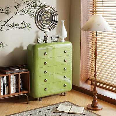Green Sideboard With Multiple Drawers Metal Handles And Decorative Elements In Living Room 3d model