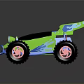 Cartoon Style Green Toy Car With Blue Spoiler Red Wheels And Frog Eyes