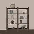 Natural Wooden Shelving Units With Ceramic Vases And Decorative Bowls On Neutral Wall Wooden Floor Setting