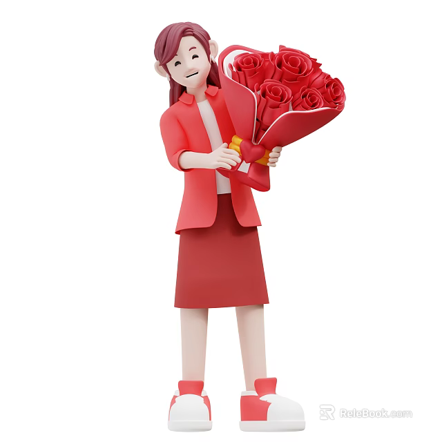 A Woman Wearing Red Coat And Skirt Holding Bouquet Of Red Roses With Yellow Ribbon 3d model 
