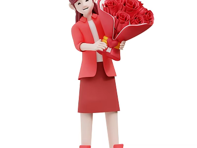 A Woman Wearing Red Coat And Skirt Holding Bouquet Of Red Roses With Yellow Ribbon 3d model