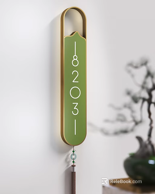 Green Vertical Billboard With Gold Frame Numbers 182031 Hanging Pendant And Decorative Tree 3d model 
