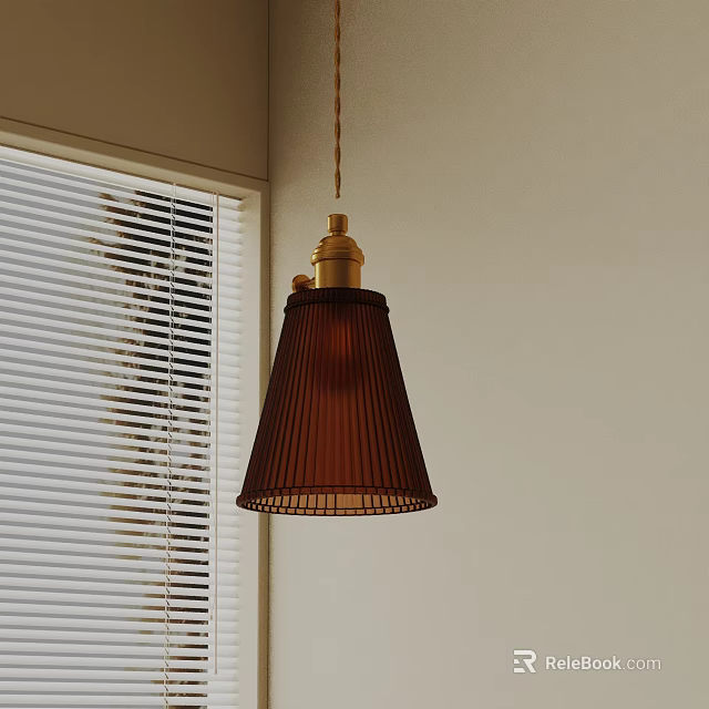 Brown Pleated Shade Pendant Light With Golden Metal Base And Window Blinds 3d model 