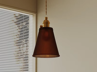 Brown Pleated Shade Pendant Light With Golden Metal Base And Window Blinds 3d model