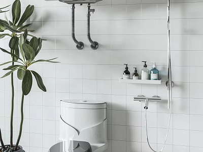 Modern Bathroom Set With White Tiles Wall Mounted Cistern Toilet And Shower Fixture 3d model