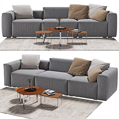Gray Three Seater Sofa In Living Room With Decorative Pillows And Side Tables 3d model