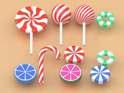 Colorful Assorted Candies With Lollipops Candy Canes And Sliced Sweets In Red White Green Blue 3d model